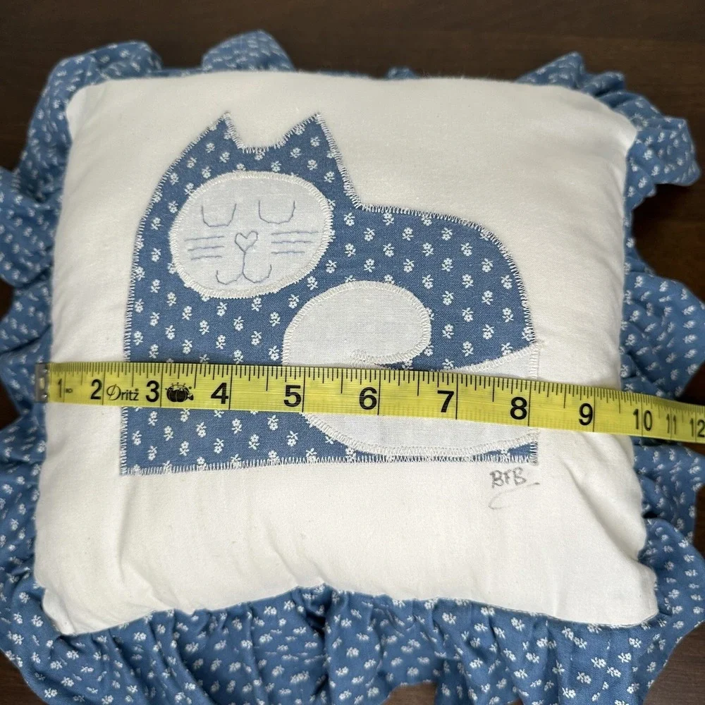Vintage Quilt Cat Throw Pillow Blue Ruffle Grannycore Embroidered Handmade Kitty